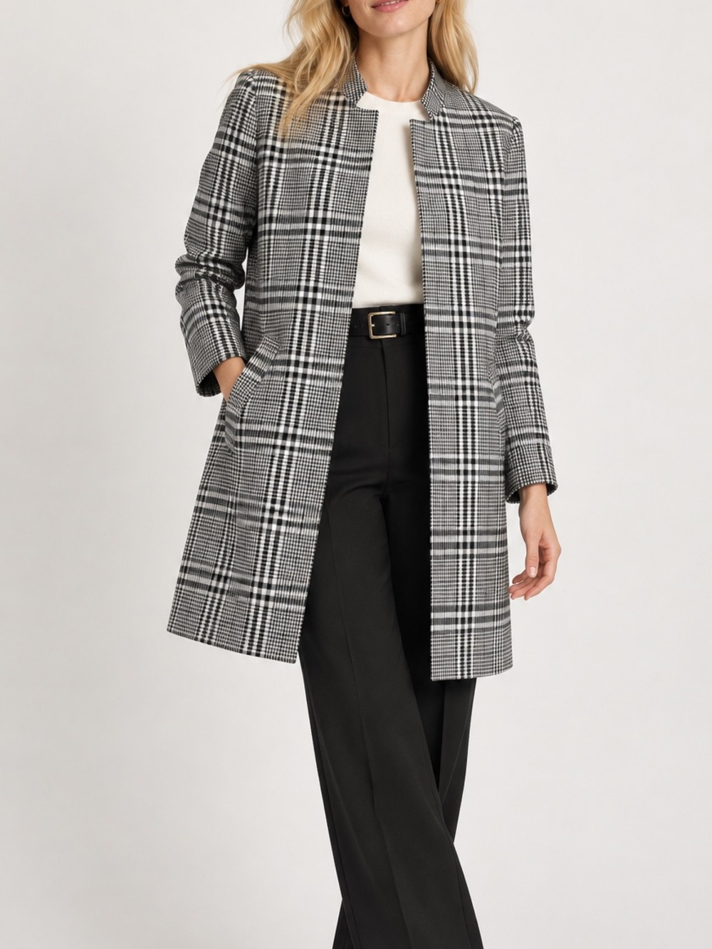 Carolina Belle Black and White Plaid Collarless Open Front Coat